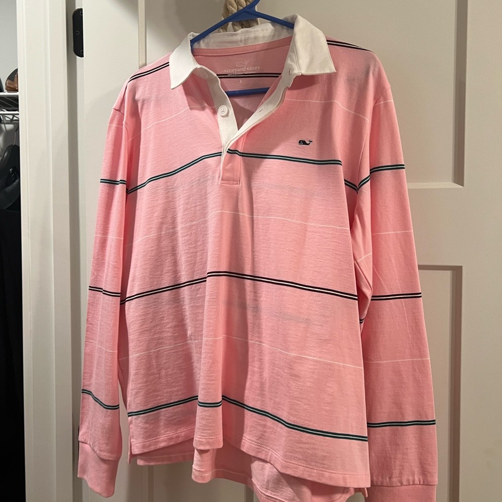 Pink Striped Long Sleeve Polo Shirt